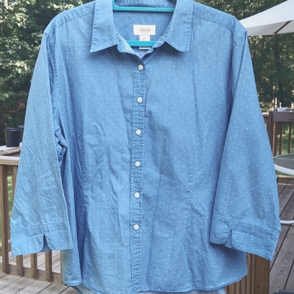 Talbots Blue white polka dot Button down Cotton Casual Blouse top XL